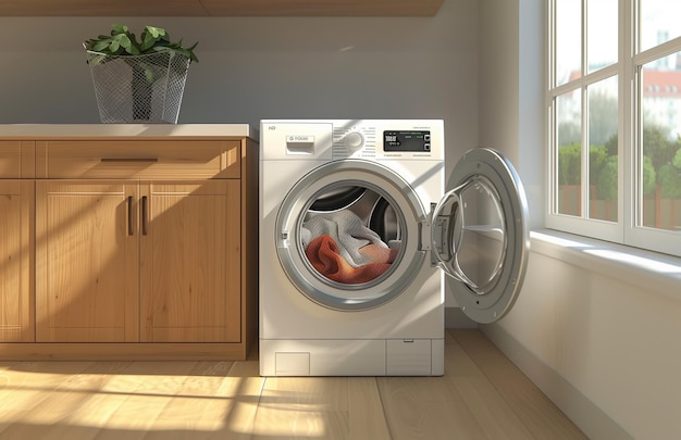 White washing machine with door open in empty room with light wood cabinets on one side