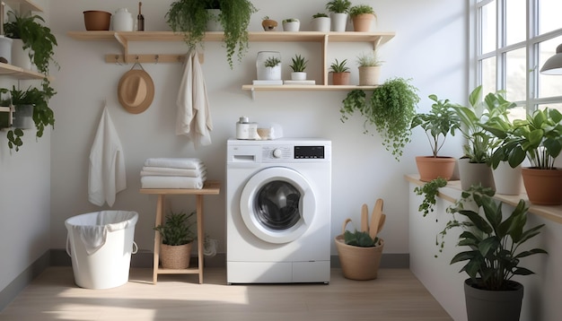 a white washing machine with plants on the shelf and a potted plant on the shelf