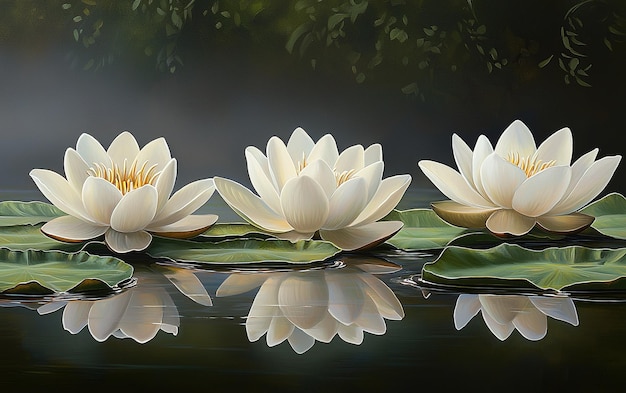 White water lilies bloom gracefully on the calm surface of a tranquil pond during a quiet summer morning