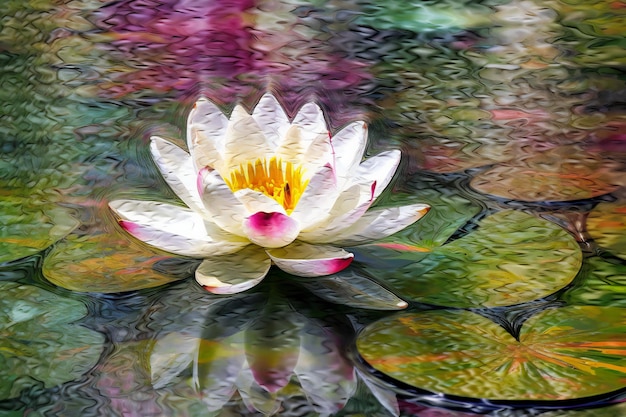 White water lily with reflection in a pond Digital painting