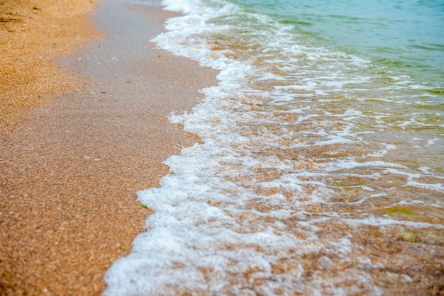 white wave on empty yellow sandy beach summer or tropical climate background nature background