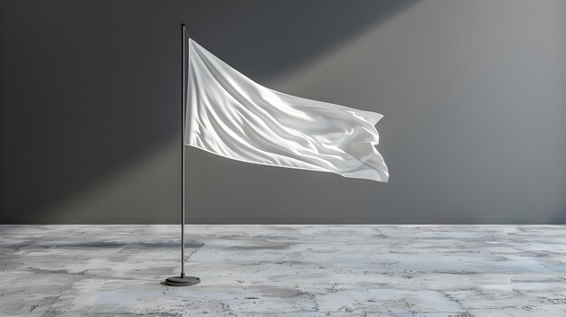 Photo white waving flag on gray backdrop in studio