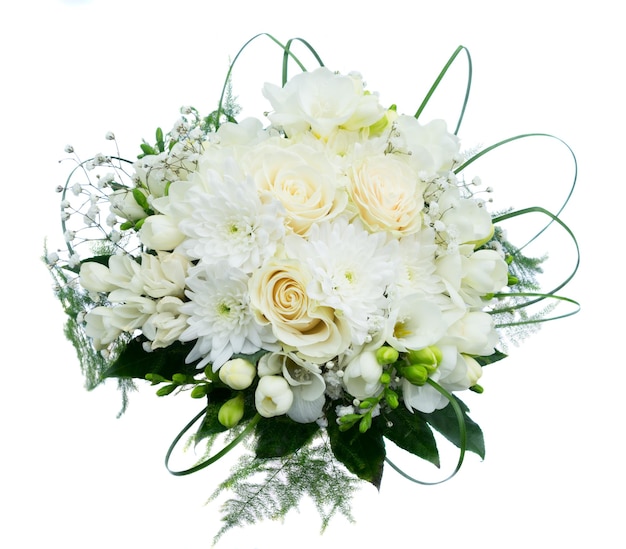 White wedding bouquet with roses isoltaed on white background