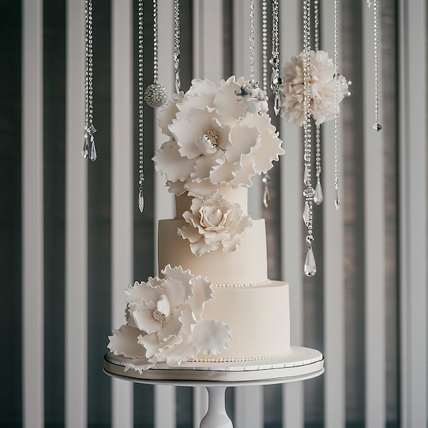 A white wedding cake with large peonies and tassels set against vertical stripes of grey or blue I