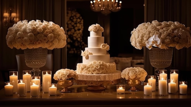 A white wedding cake with white flowers and a large cake on top of it.