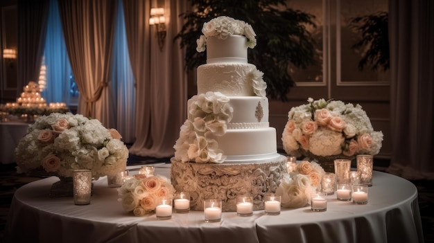 A white wedding cake with white flowers and a white cake with a white ribbon and a sign