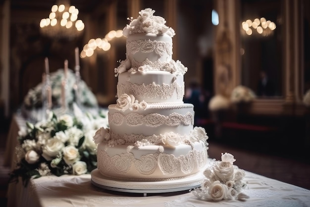 A white wedding cake with white flowers and a white cake with the word love on it.