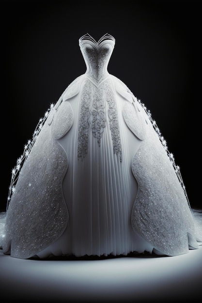 White wedding dress sitting on top of a table generative ai