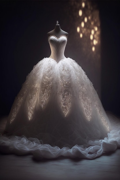 White wedding dress sitting on top of a wooden floor generative ai