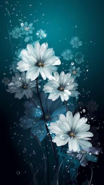 White wet flowers with blue background animation generative AI