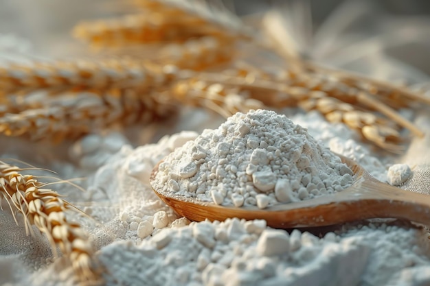 Photo white wheat flour in wooden spoon