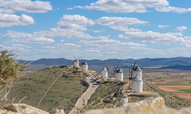 White wind mills for grinding wheat. Town of Consuegra in the province of Toledo, Spain