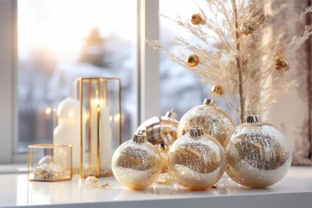 A white window with gold ornaments and a candle on the window sill.