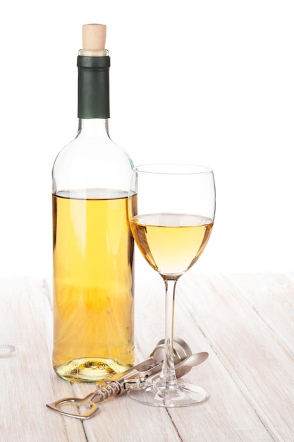 White wine glass bottle and corkscrew