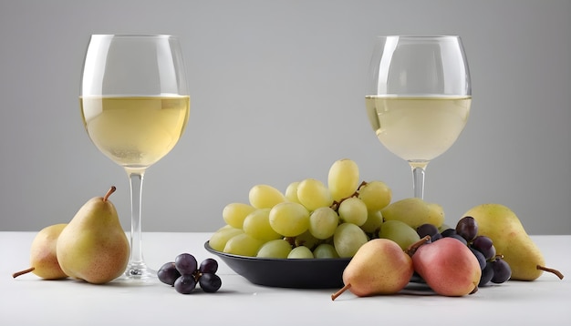 white wine in a glass served with fresh fruits grapes pears on white background