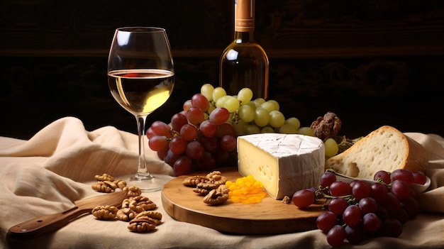 White wine with cheese honey walnuts and grapes