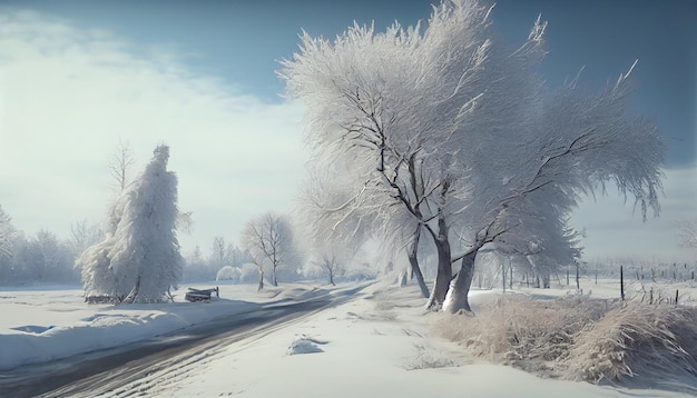 White winter landscape with fresh snow on frozen pond and trees on the lakeside