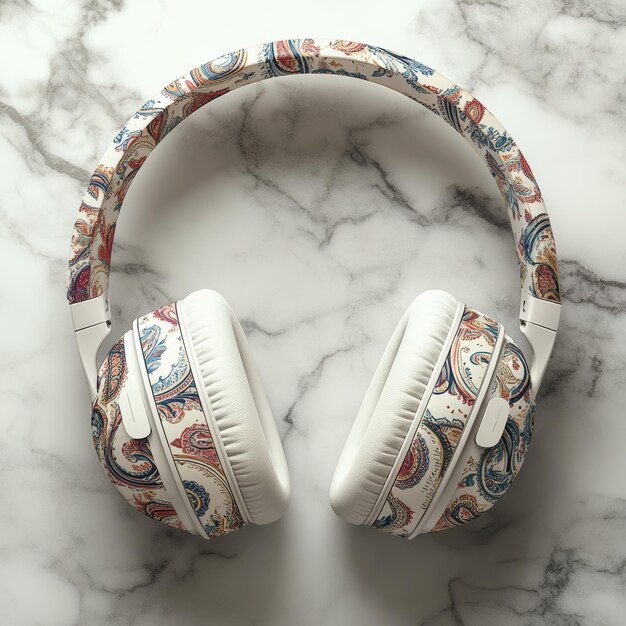 Photo white wireless headphones with paisley pattern on marble background