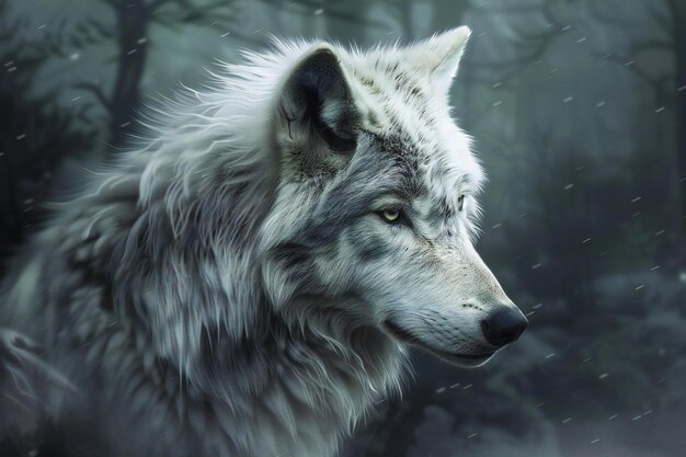 White wolf in the dark forest Animal portrait Wildlife scene