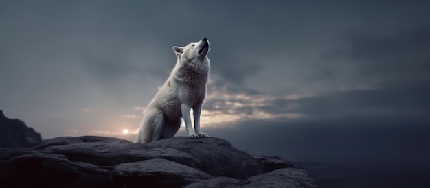 white wolf howl on a rock at night in forest background