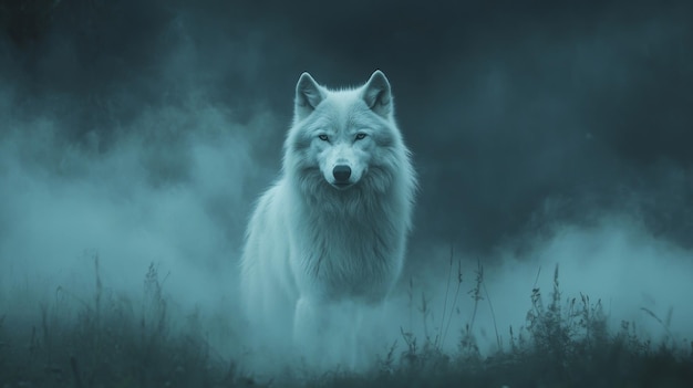 Photo white wolf in misty forest mysterious ambiance wildlife and wilderness concept