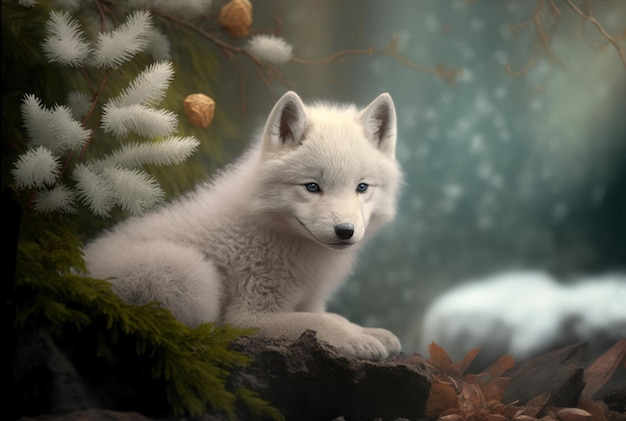 A white wolf sits on a rock in the forest.