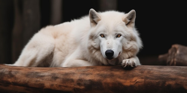 A white wolf with black eyes and a black nose