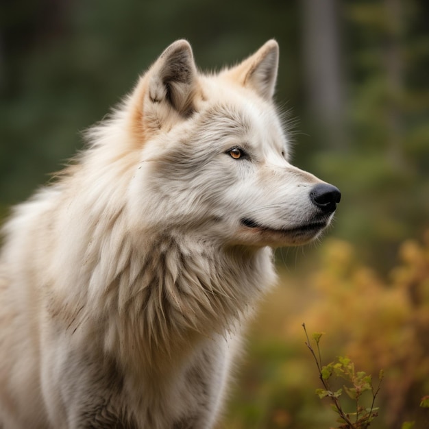 A white wolf with a brown nose and a black nose is standing in a field.