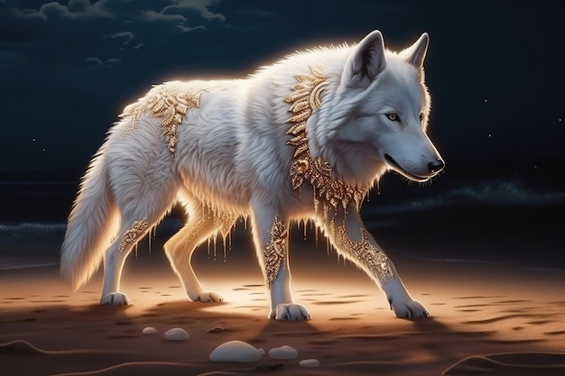 A white wolf with a necklace on it