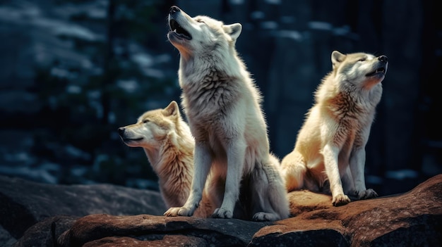 white wolves howl on a rock at night in forest background