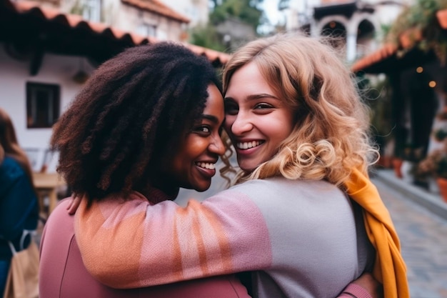 white woman and black woman hugging