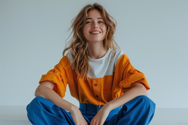 White woman in orange and blue clothes on pure white background