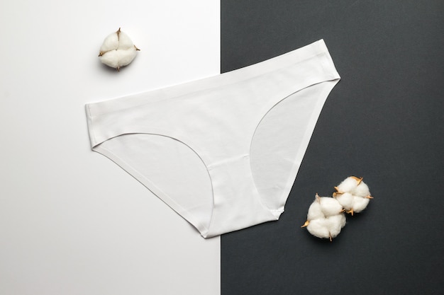 Photo white women's panties with cotton. lingerie. flat lay.