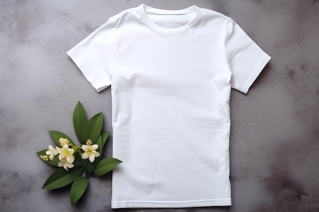 White women tshirt mockup with spring flowers on dark background Design t shirt template print presentation mock up Top view flat lay AI generated