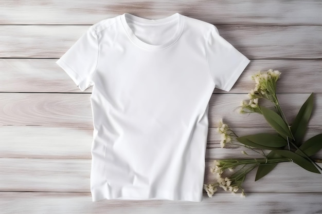 White women tshirt mockup with spring flowers on wooden background Design t shirt template print presentation mock up Top view flat lay AI generated