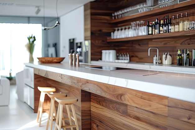 White and wood kitchen interior bar