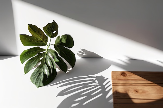 White wood table with home plant and leaf shadow on wall