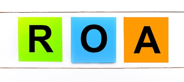 On a white wooden background there are three colorful bright stickers with text ROA Return On Assets