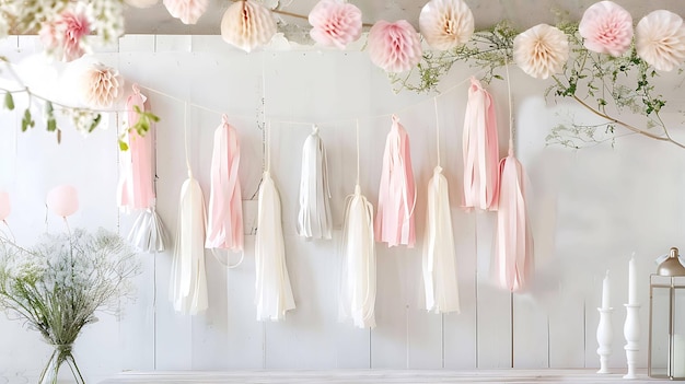 Photo white wooden background with a variety of pastelcolored party streamers there are also some green leaves and a few small pink flowers