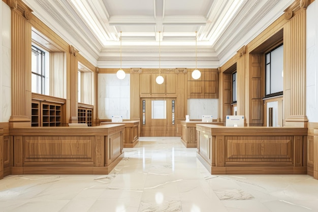 White and wooden bank interior with teller counters