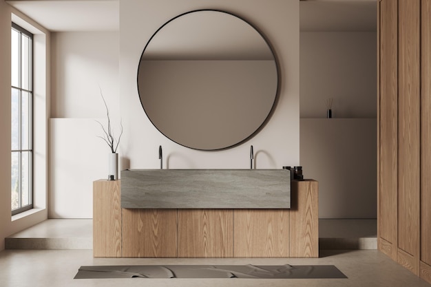 White and wooden bathroom with double sink