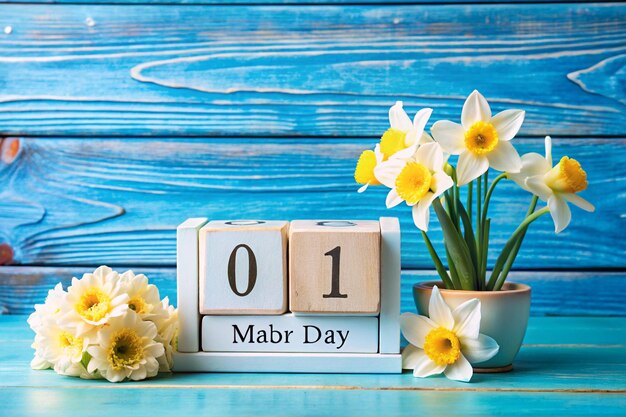 Photo white wooden calendar with the text may 1 white flowers of daffodils on a blue wooden table labor day and spring