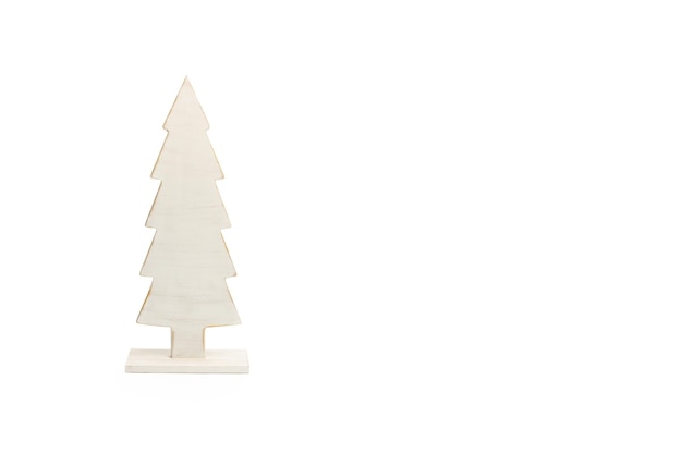 A white wooden christmas tree on a white background with copy space