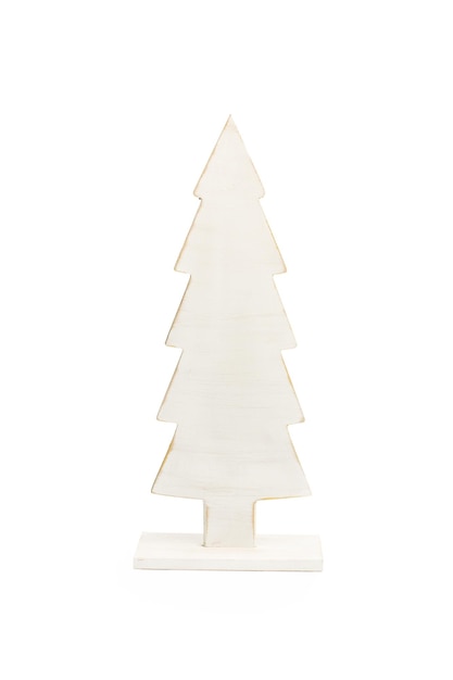 A white wooden christmas tree on a white background with copy space