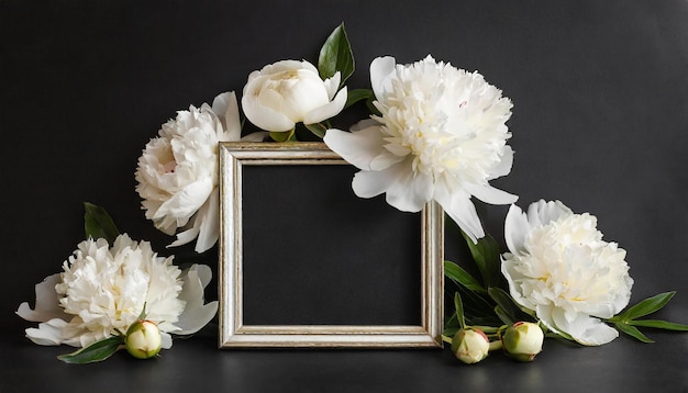 White wooden frame decorated with peonies flowers botanical floral composition on black background