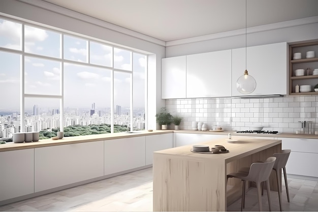 White and wooden kitchen set on white floor wooden cutting table with spaces for bottles side view