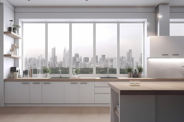 White and wooden kitchen set on white floor wooden cutting table with spaces for bottles side view