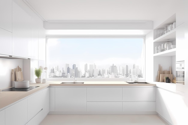 White and wooden kitchen set on white floor wooden cutting table with spaces for bottles side view