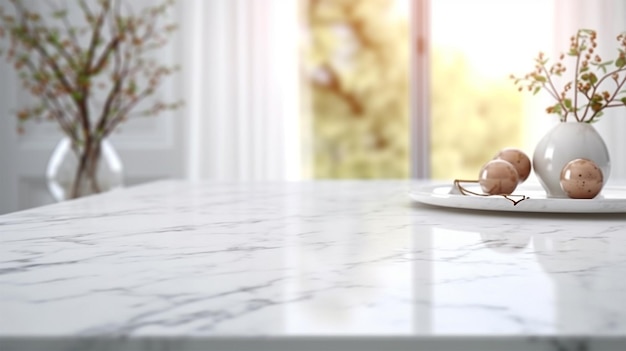 White wooden marble table with minimalist empty copy space and blurred kitchen bokeh background For showcase product presentation Generative Ai