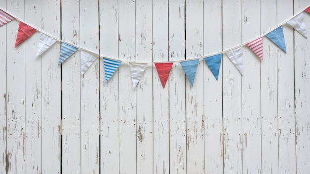 White wooden panel wall adorned with blue and red bunting flags